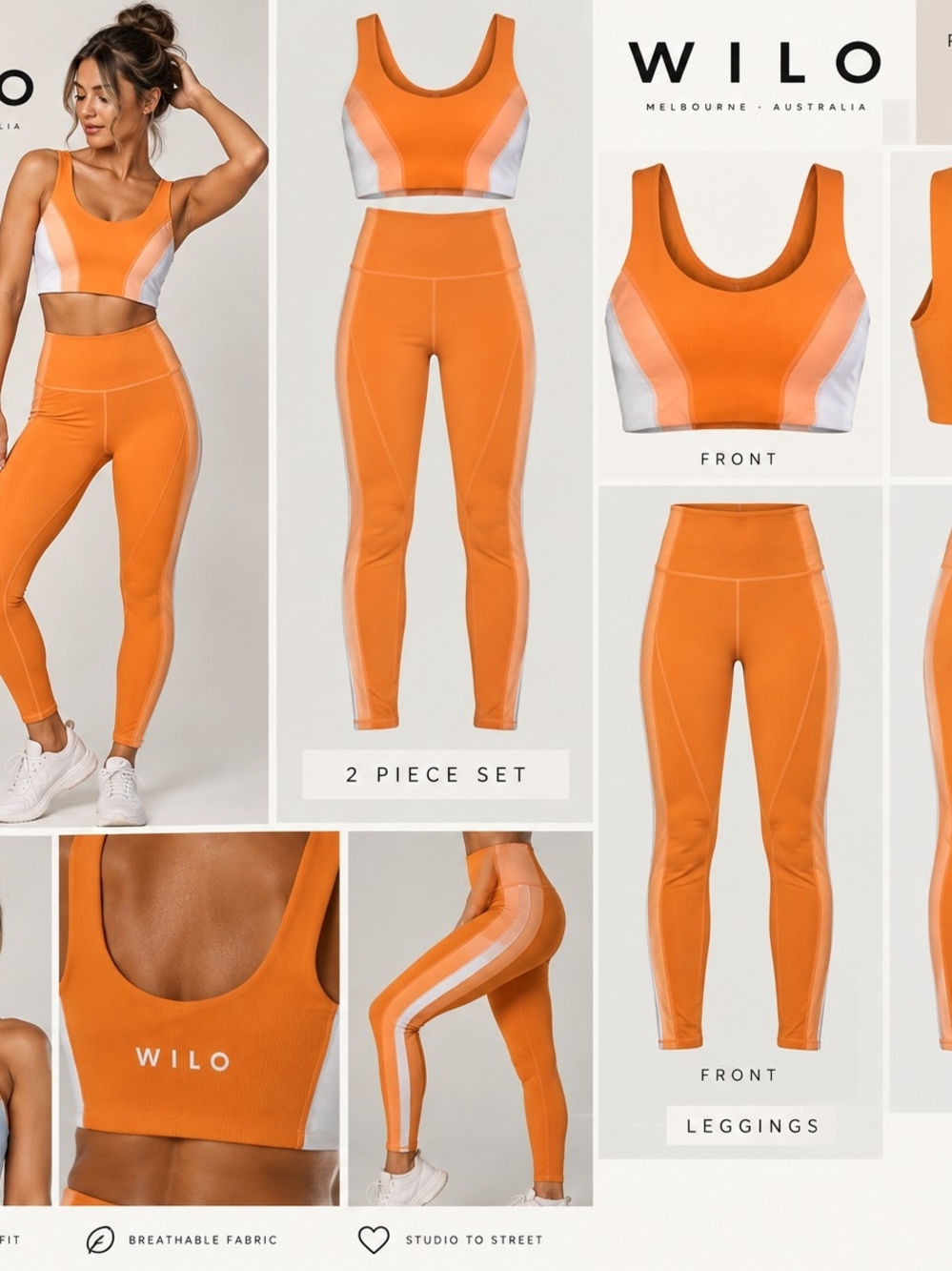 Wilo Orange Colorblock High-Waist Leggings & Sports Bra Set